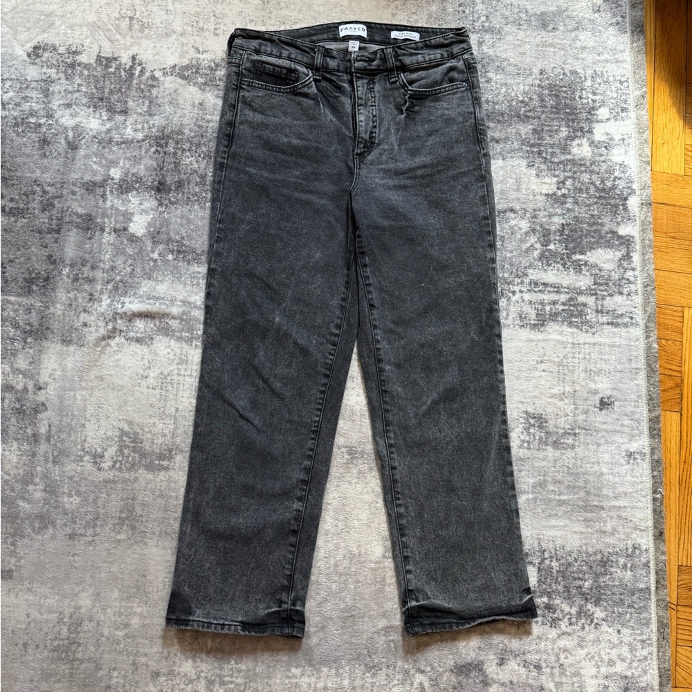 FRAYED Gray Denim Jeans High Rise Ankle Straight